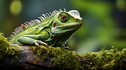Obraz premium Green lizard resting on a mossy log