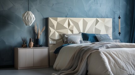A bedroom with a modern, geometric headboard, a stylish bedside table, and a chic, pendant light