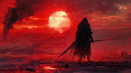 Fallen warrior holds a sword in red sky background, digital art style