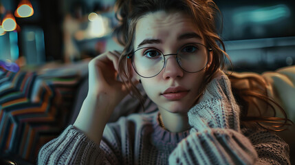 A close-up view of a pretty girl with glasses relaxing in a cafe in an urban environment