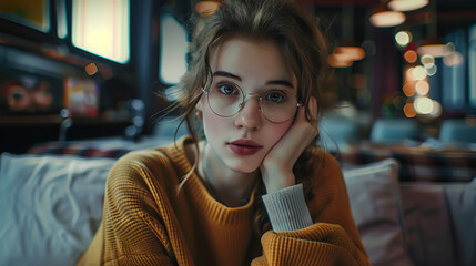 Close-up of an attractive girl with glasses sitting in a city cafe.