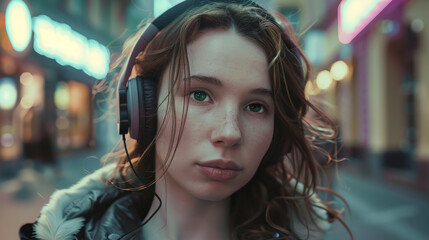 A young woman in an urban environment, enjoying the sound of music in full-size headphones.