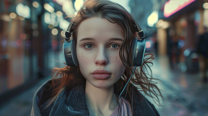 A young lady listening to music with headphones, against the background of the city bustle.