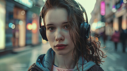 Portrait of a girl on a city street, her ears are really pleased with the melody from the headphones.