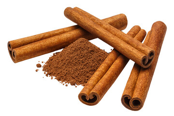 Delicious cinnamon sticks and cinnamon powder, cut out
