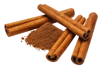 Delicious cinnamon sticks and cinnamon powder, cut out