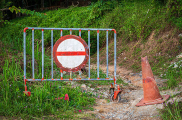 Makeshift barricades on footpath in rural area in Thailand
