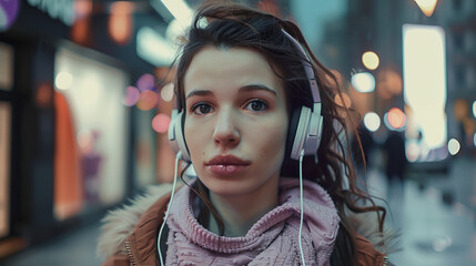 A girl on a city street, enjoying the sounds of her favorite songs through hi-fi headphones.