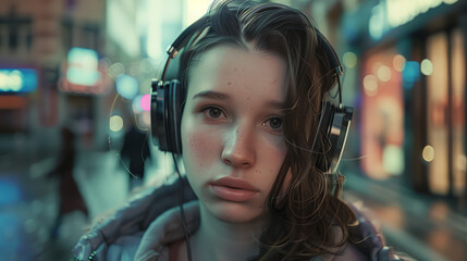  A young woman on a city street, immersed in music through large headphones.