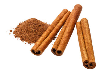 Delicious cinnamon sticks and cinnamon powder, cut out