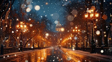 Snowflakes falling softly at night in a quiet, illuminated city square