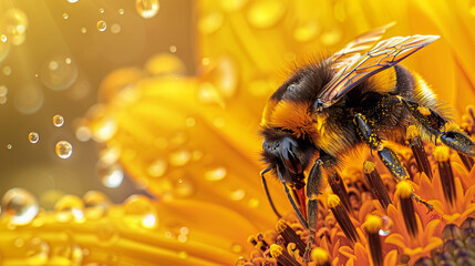 Macrophotography of a bee on a sunflower petal with water droplets demonstrates the subtle harmony of interaction between an animal and a plant.