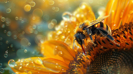 A photograph of a microscopic bee on a sunflower flower with water droplets represents an amazing symbiotic relationship between a plant and an insect.