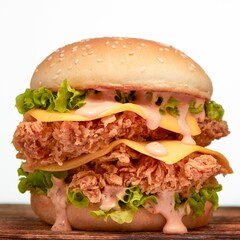 Tasty chicken burger on wooden table with white background, closeup shot