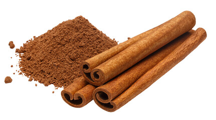 Delicious cinnamon sticks and cinnamon powder, cut out