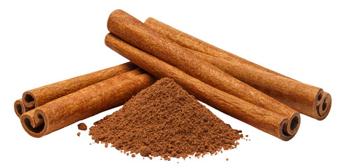 Delicious cinnamon sticks and cinnamon powder, cut out