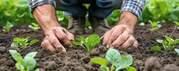 Fototapeta premium A man is planting a seedling in the dirt. Concept of hard work and dedication to the task at hand