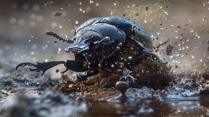  A macro photograph of a dung beetle rolling a ball of dung with drops of water shows the amazing interaction of the environment and a living being.