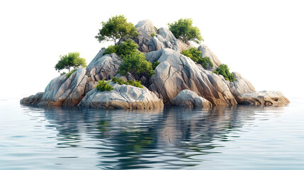 Island Rock in the Sea,
Tree and Rocks Isolated Illustration