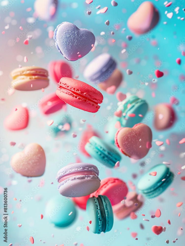 Sticker colorful macarons in the shape of hearts flying against a colorful background,high detailed