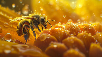  Macro photography of a bee on a sunflower shrouded in drops of water conveys the beauty and fragility of nature.