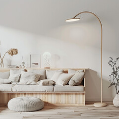 Minimalist Scandinavian living room with clean lines, a wooden floor lamp, and a comfortable reading nook.