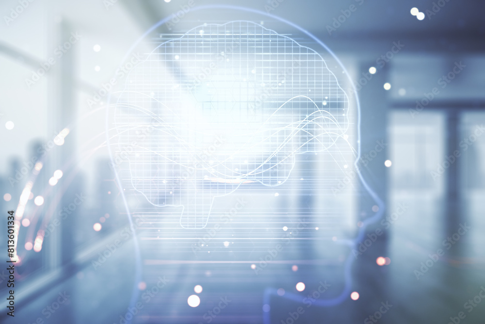 Poster double exposure of creative artificial intelligence hologram on empty modern office background. neur