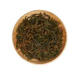 top view flat lay fresh hijiki or tot seaweed isolated on white background in wood bowl