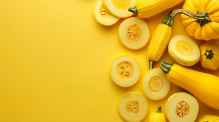 A vibrant yellow squash surrounded by some squash slices