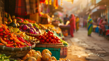 An Indian bazaar with colorful goods and fabrics, briskly trading under the rays of the bright sun.