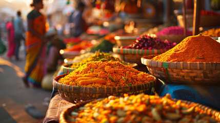 Indian open-air market, where bright colors of fabrics and aromas of spices create a unique atmosphere.