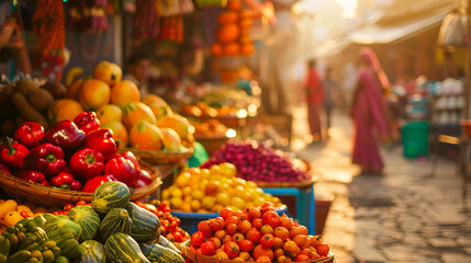 A picturesque Indian market with an abundance of bright colors and a variety of flavors in the open air.