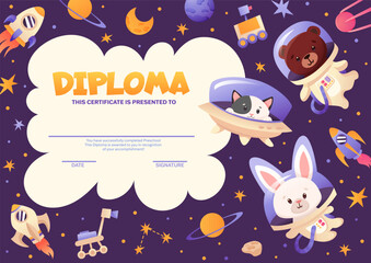 School diploma, certificate template with cute animals astronaut in spacesuit for kids in kindergarten or primary grades. Cartoon vector illustration with galaxy animals