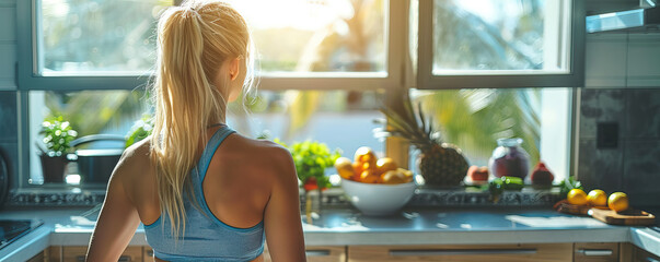 A woman is standing in a kitchen with a bowl of fruit on the counter. She is wearing a blue tank top and has blonde hair. The kitchen is well-stocked with various fruits and vegetables