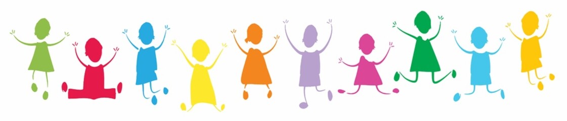 Digital illustration of colorful child icons in unity celebrating together on a white background