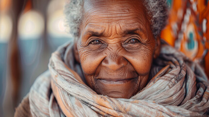 An old African woman with a warm and wise look, filled with deep inner light, radiates calmness and confidence.