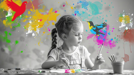 Monochrome image of little girl, child making colorful doodles, birds. Freedom and imagination. Contemporary art collage. Concept of Happy Children's day, holiday, childhood, celebration