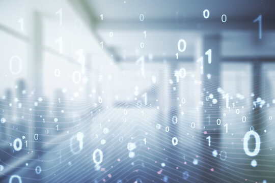 Abstract virtual binary code illustration on empty corporate office background. Big data and coding concept. Multiexposure