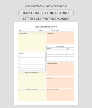 Daily Goal Setting Planner  Notes | Daily Goal Setting Planner  Notebook |Daily Goal Setting Planner  Workbook | Daily Goal Setting Planner  Log Book | Notebook Printable Planner | Letter Size