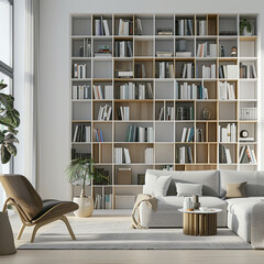 Modern Scandinavian living room with elegant minimalist bookcases, a neutral palette, and discreet storage solutions.