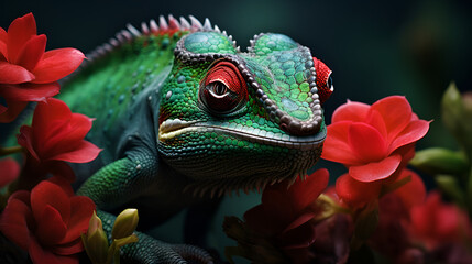 Obraz premium Green lizard with red eyes amidst red flowers