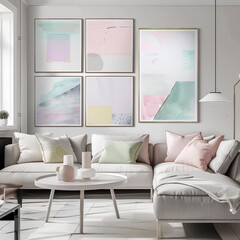 Modern Scandinavian living room with streamlined furniture, large art prints, and pops of pastel.