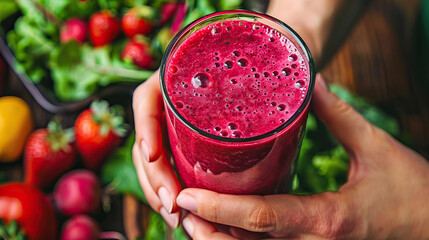 A person is holding a glass of red juice with a bunch of strawberries and lettuce on the table