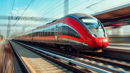 Naklejka premium High speed train motion railway station sunset. Fast moving modern passenger train railway platform Railroad motion blur effect