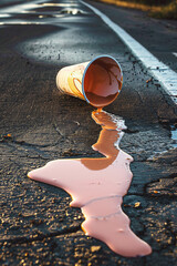 Melted ice cream spilled on the summer asphalt.