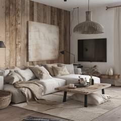 Scandinavian living room with rustic wood accents, a soft color scheme, and a focus on sustainable design.