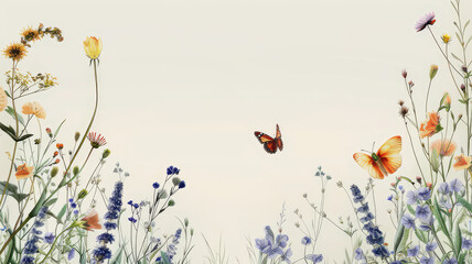 pastel white background with  copy space flowers butterfly and plants