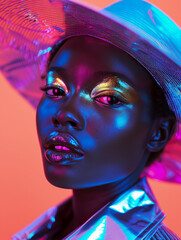 Portrait of smiling beautiful young lady with perfect glowing skin, colorful makeup, studio background. Beautiful natural woman with hat looking at camera.