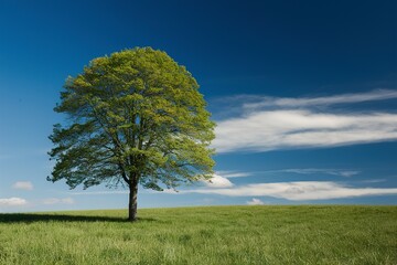 Obraz premium Single tree on green meadow and blue sky bright vibrant colors