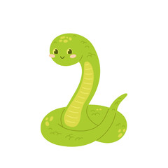 Fototapeta premium Cute snake. Funny baby animal, wild reptile. 2025 New Year's symbol. Isolated vector illustration. Viper with kawaii face. Anthropomorphic Chinese character.